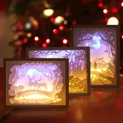 3D резьба по бумаге ночник Креативный светодиодный Настольный светильник Спальня украшение дома Рождество Хэллоуин украшение с
