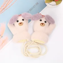 Kids Winter Warm Velvet Thicken Gloves Baby Girls Boys Cashmere Knitting Cute Dog Rope Baby Mitten Gloves For 0-3 Years