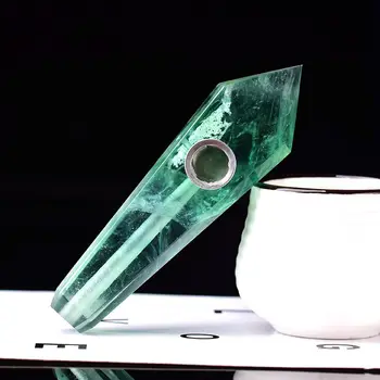 

Natural crystal stone Fluorite smokey pipe healing quartz jewelry crystal point wand gemstone With 2pc Metal Filter + 1brush