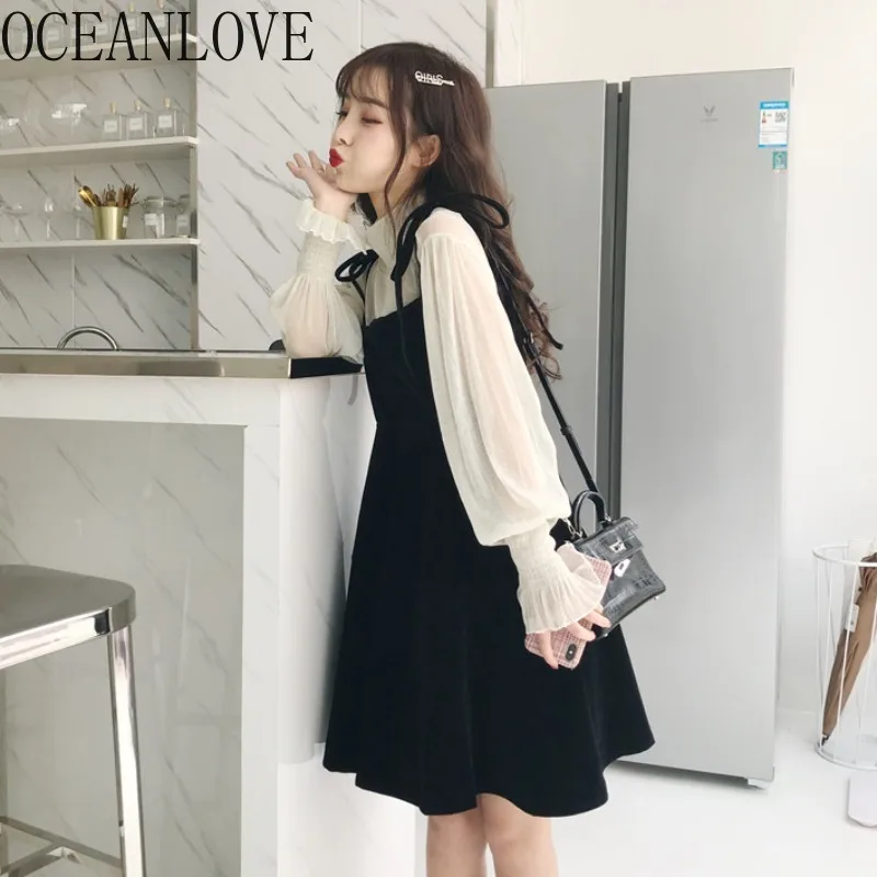 

OCEANLOVE Two Pieces Vestidos Elegant Kawaii Spring High Waist Dresses 2020 Lantern Sleeve Sweet Japan Style Dress Women 16109