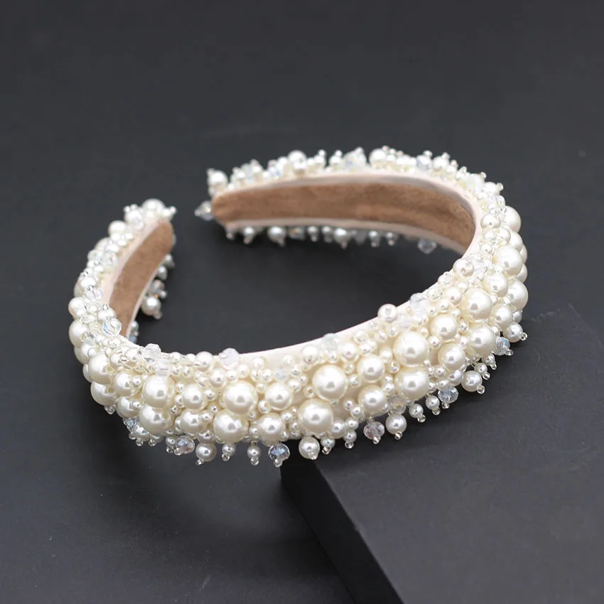 Hair Accessory New White Handmade Shining Full Small Pearl Crystal Beaded Flower Catwalk Headband Hair Accessories Bridal Headwear735