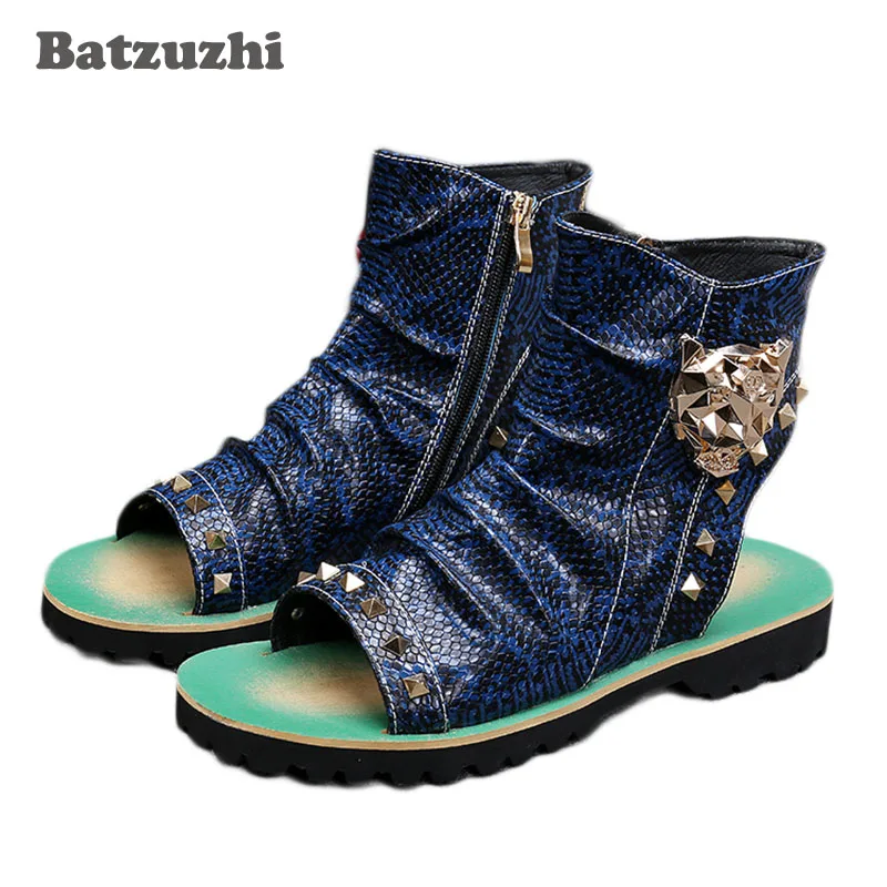 

Batzuzhi 2021 New Rock Men Shoes Summer Leather Sandal Shoes Open Toe Punk Ankle Sandal Boots Slingback Rivets Gladiator, US12