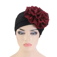 

Shiny turban Cap Women Muslim Hijab Islamic Jersey Chemo Cap Big Flower Head Scarf Ladies Head Wrap Cover Headwear Accessories