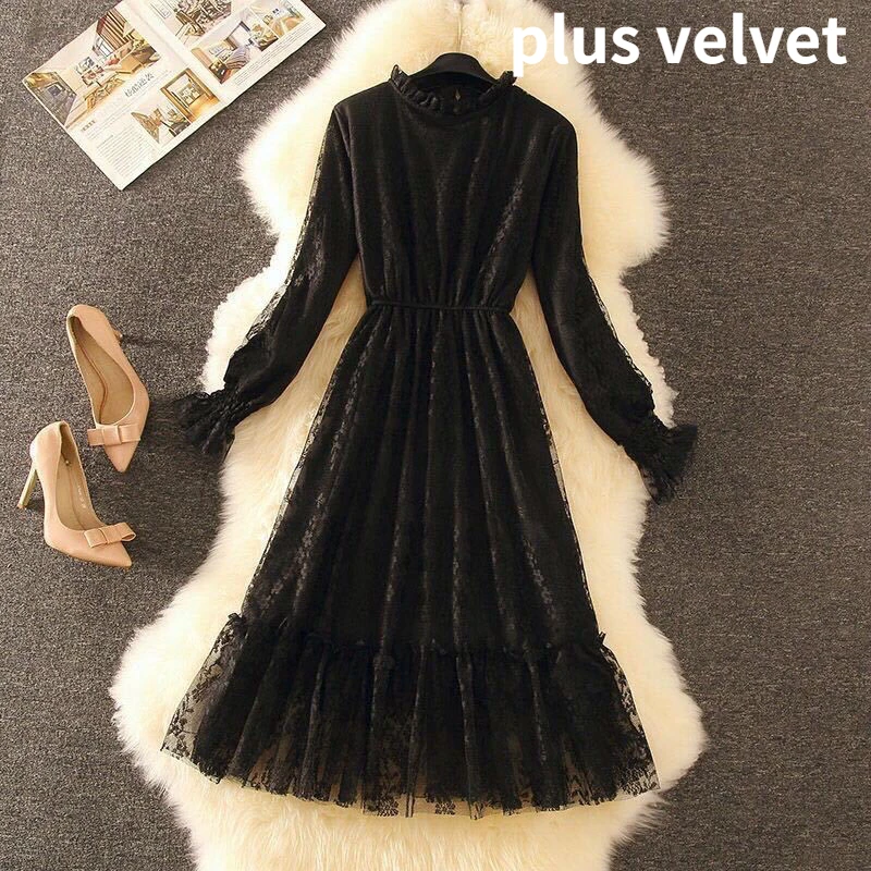 Long Sleeve Dress Women Autumn New Lace Patchwork French Style Tender Mid-calf Casual Sweet Elegant All-match Plus Velvet Cozy black dress Dresses