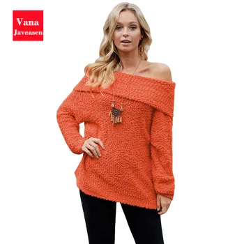 

Fleece Warm Sweater Office Ladies Tops Full Sleeve Sexy Slash Neck Loose Knitwear Streetwear Winter Clothing For Women Sweaters