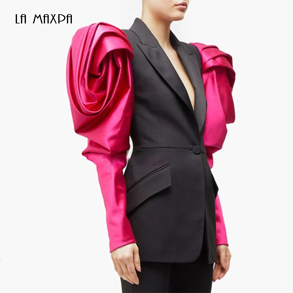 Elegant-Hit-Color-Blazer-For-Women-Puff-Sleeves-Notched-Single-Button-Pocket-Female-Blazers-2019-Autumn