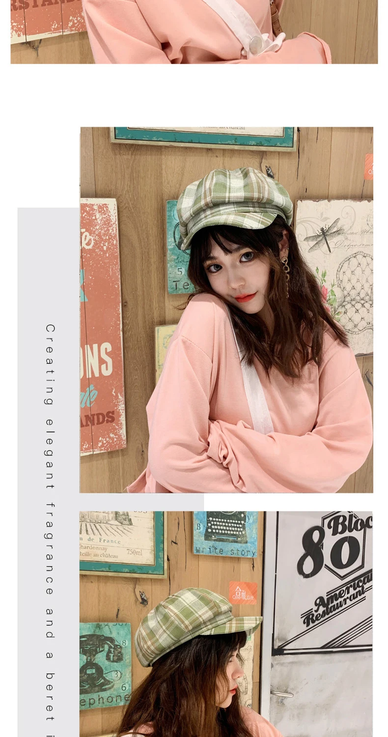 Korean version hat female Japanese retro lattice Beret thin breathable painter hat in summer