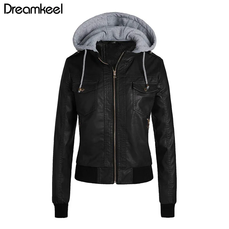

PU Jacket Long Sleeve Winter Ladies Plush Hooded Short Faux Leather Plus Size Brown Biker Jacket Women Fashion Female Coat Y