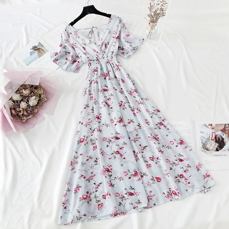 2022 Summer Women Ruffled Short-sleeved Chiffon Dress V-neck High Waist Floral Print Beach Midi Dresses Backless Sexy Vestidos