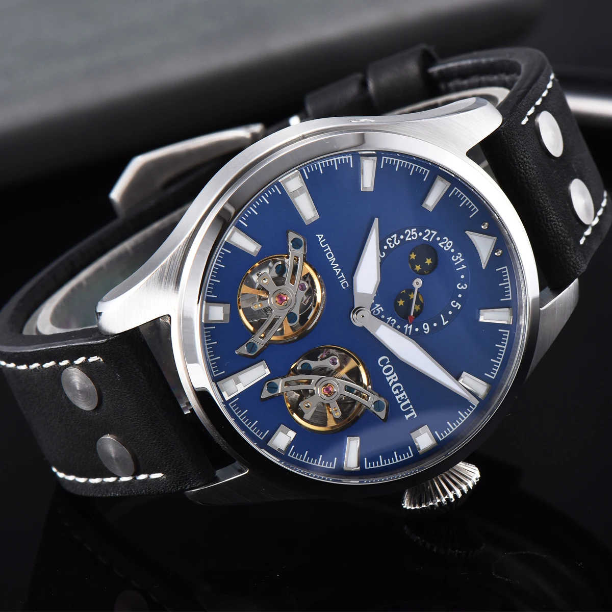 Corgeut 47 мм Moon Phase автоматические мужские механические часы синий циферблат маховик светящийся Календарь Неделя Нержавеющая сталь Кожа