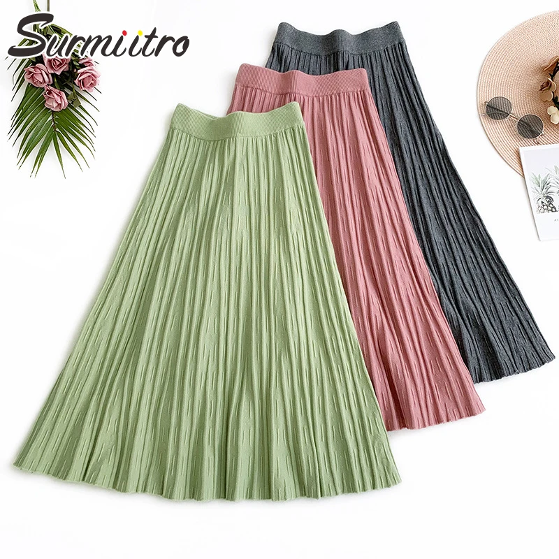 

Surmiitro Autumn Winter Knitted Midi pleated Skirt Women 2019 Korean High Waist A Line Pink Black Green Long Skirt Female