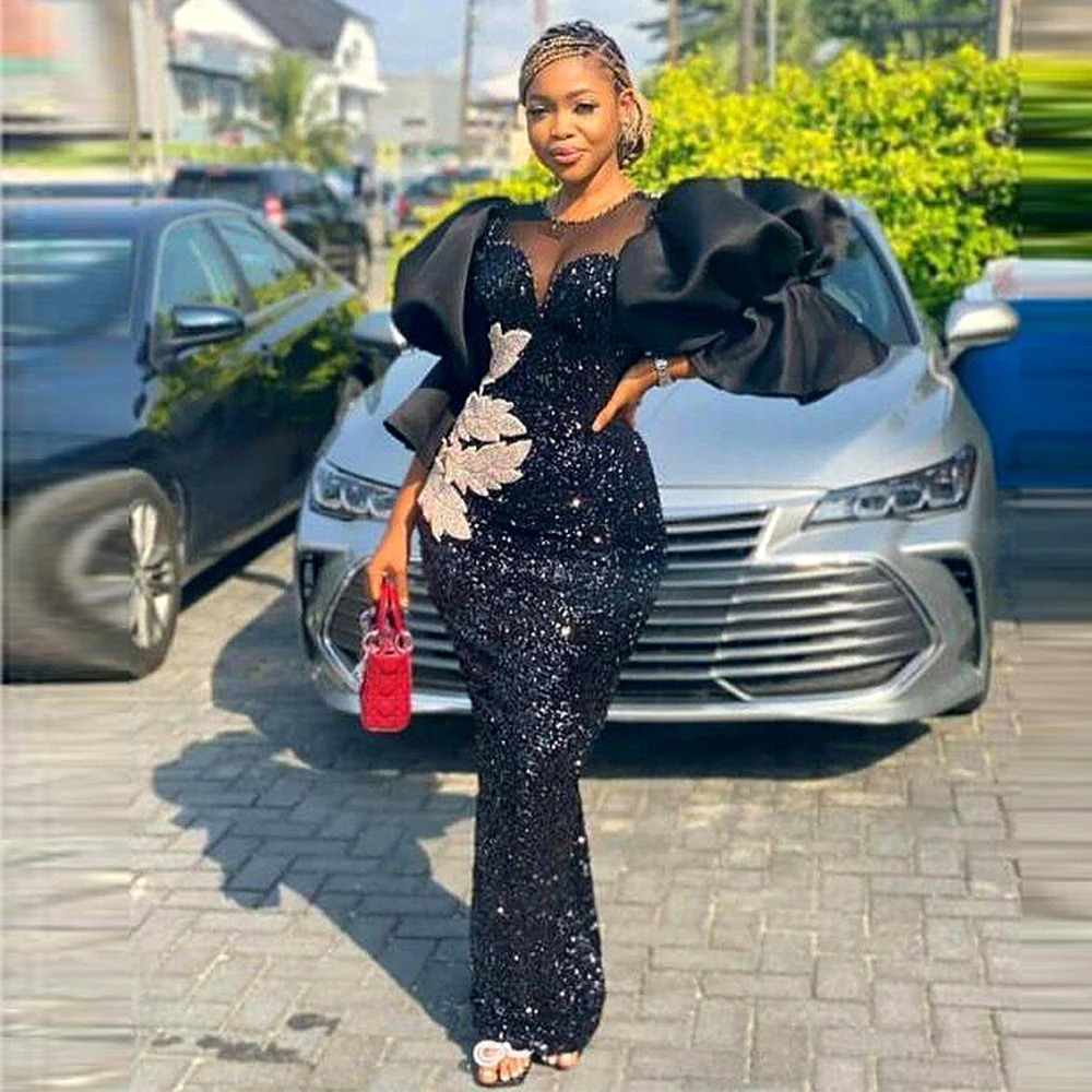 

Evening Dresses 2022 Women Simple Black Mermaid Prom Gowns Applique O-Neck Sexy Party Dress Sparkle Puff Sleeves robes de soirée