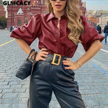 

Women Spring Summer Shirts Turn-down Collar Puff Sleeve Button Down Solid Top Streetwear Famme Blouse