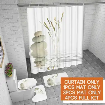 

Cobblestone and Water Waterproof Bath Shower Curtain Rug Set Non-slip Bath Mat Toliet Cover Polyester Shower Curtain