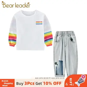 

Bear Leader Children's Sets Autumn Fashion Clothing Suits Rainbow Pattern Tops and Solid Jeans Pants 2Pcs Patchwork Kids Outfits