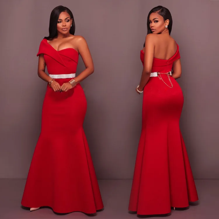 

Red Maxi Dress Slim One Shoulder Party Celebrate Occassion Bodycon Evening Club Women Robes Christmas Dresses Female Night Out