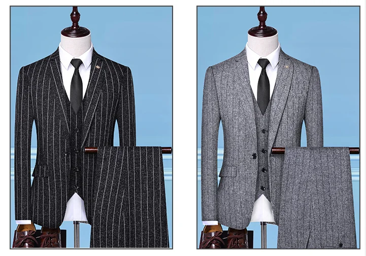 Новая мода Бизнес(Блейзер+ халэко+ Панталоны) мужские повседневные облегающие высококачественные трендовые костюмы в британском стиле с вертикальными полосками