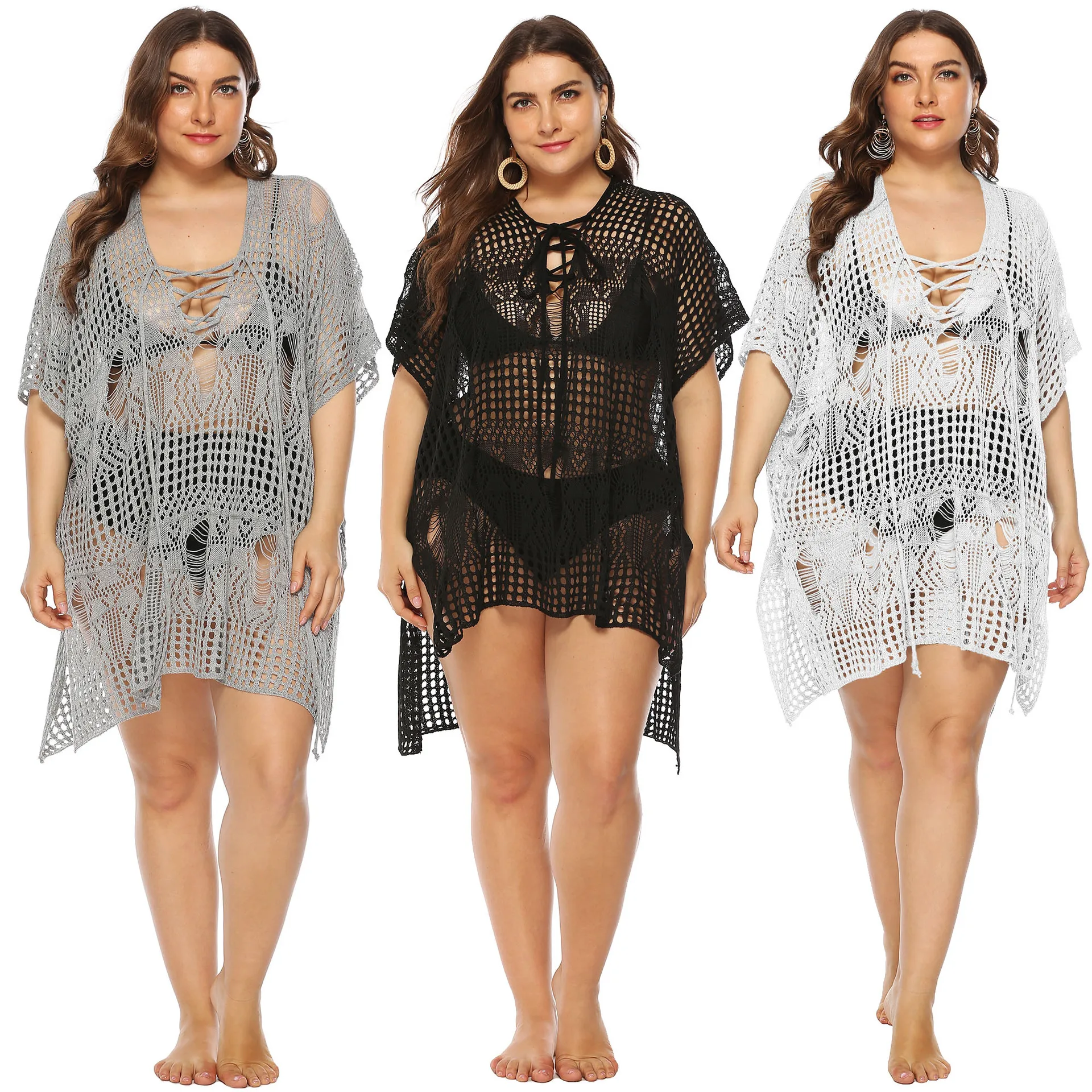 

Plus Size Women's Beach Veil Casual Fashion Cardigan Beach Loose And Irregular Hollow Out See Through Beach Bikini Blouse Female