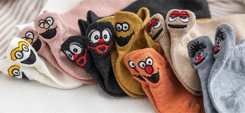 3PAIRS Kawaii Embroidered Expression Women Socks Happy Fashion Ankle Funny Socks Women Cotton Summer Candy Color