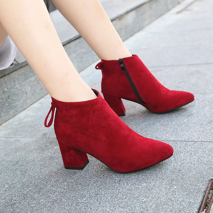 Plush ankle boots women shoes 2019 fashion solid flock high heels women snow boots ladies shoes ZIP pointed toe winter boots  (9)