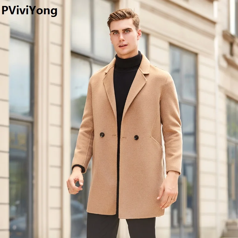 PViviYong Новое поступление осенне-зимний высококачественный шерстяной Тренч для мужчин, мужская двухсторонняя шерстяная куртка с отложным воротником, Длинные куртки для мужчин, большие размеры, NY3832 - Цвет: Хаки