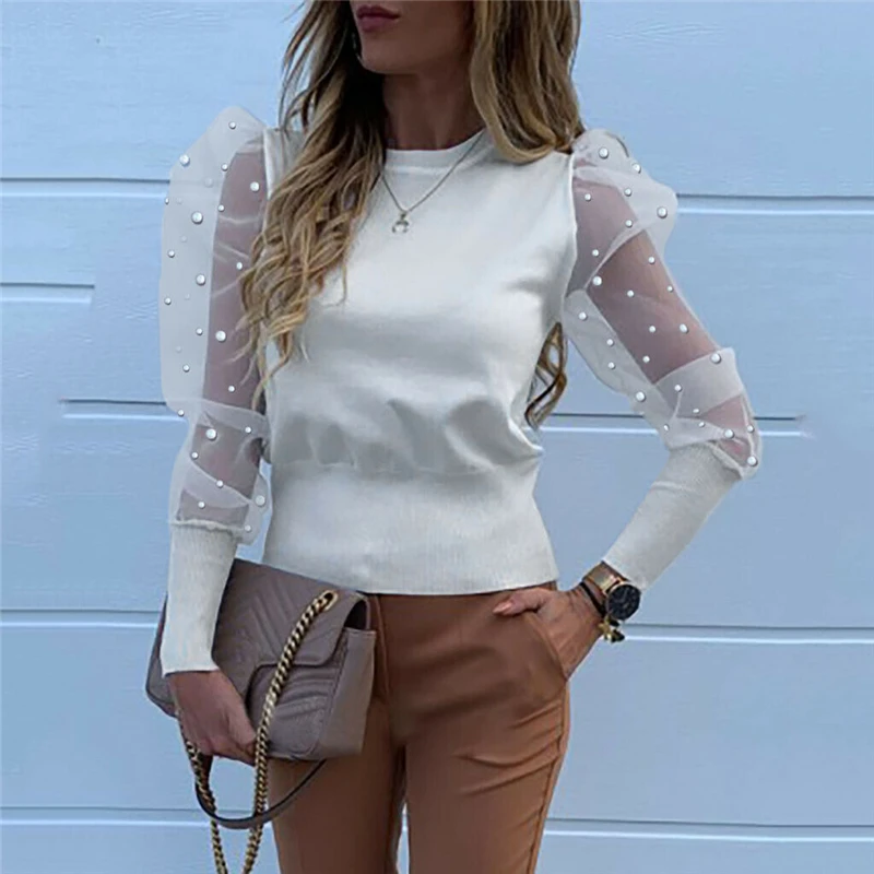 Fashion 2020 Women O Neck Blouses Mesh Tulle Ruffle Shirts Long Puff Sleeve Shirt Solid Color Lady Shirts Autumn Women OL Tops