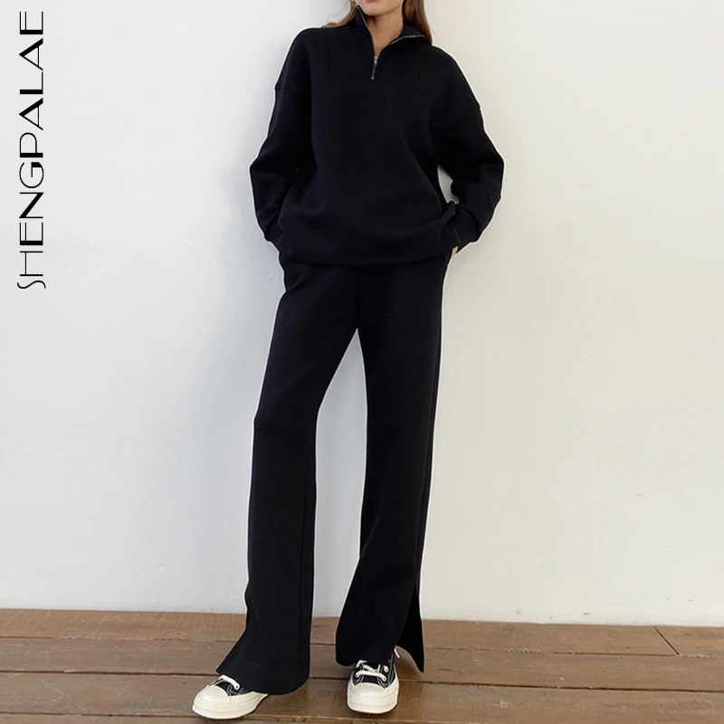 SHANGPALAE Fashion Simple Zipper Stand Collar Long Sleeve Pullover And High Elastic Waist Split Loose Casual Pant Two Pcs Set |