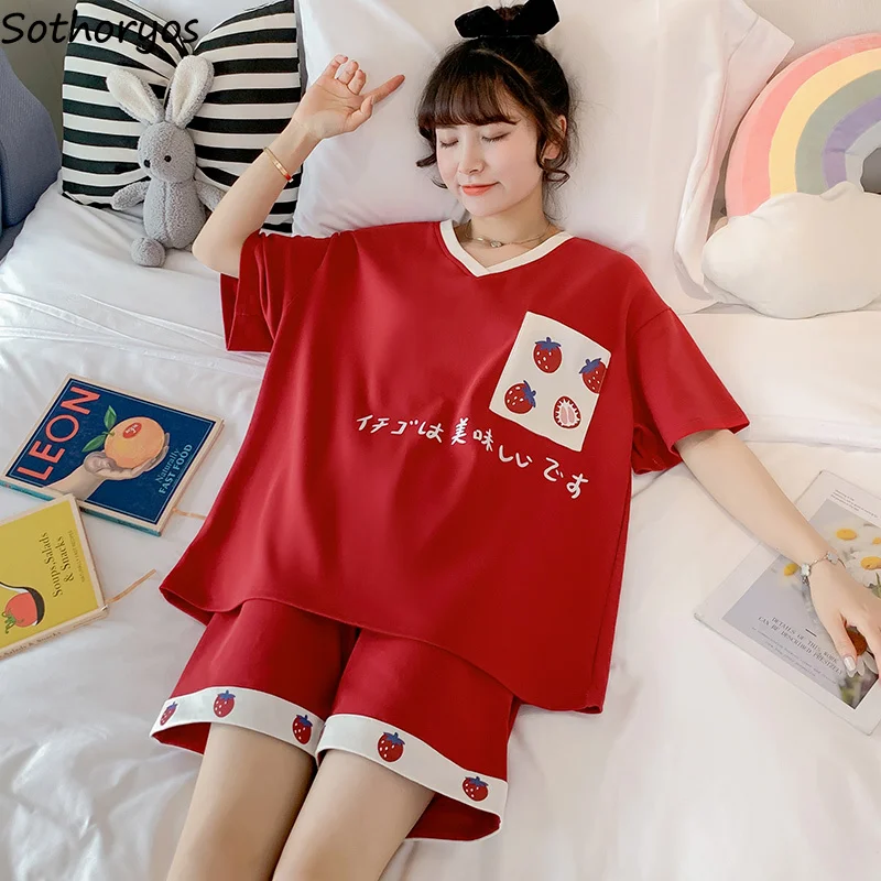 

Пижамный комплект женский красный, свободная повседневная Летняя Пижама, комплект из двух предметов в японском стиле, новая мягкая удобная Пижама с V-образным вырезом в стиле Харадзюку