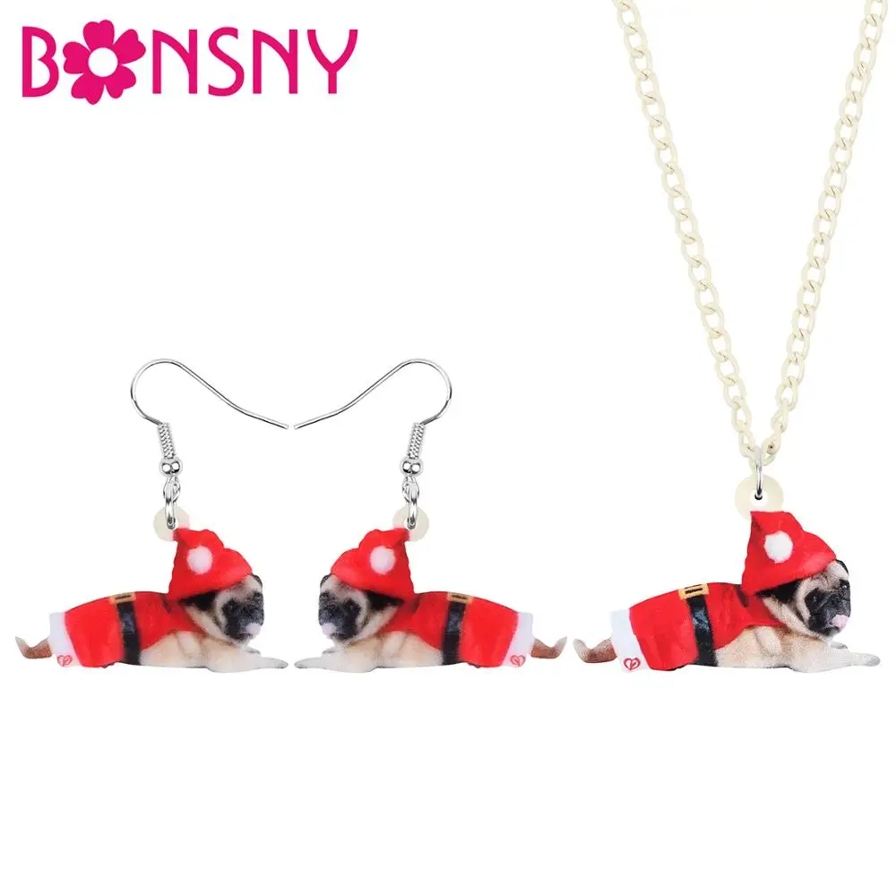 Bonsny, Акриловая Рождественская шапка, форма, мопс, собака, ювелирные наборы, животные, висячие серьги, ожерелье для женщин, девушек, подростков, вечерние, подарок