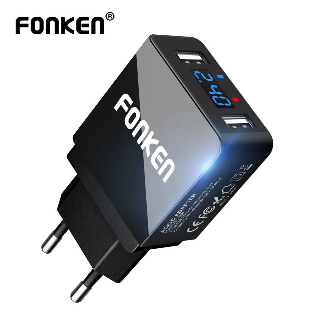 Светодиодный дисплей FONKEN, двойное зарядное устройство USB, макс. A, зарядка для телефона, умная быстрая зарядка, 2 порта, настенное зарядное устройство для мобильного телефона, адаптер