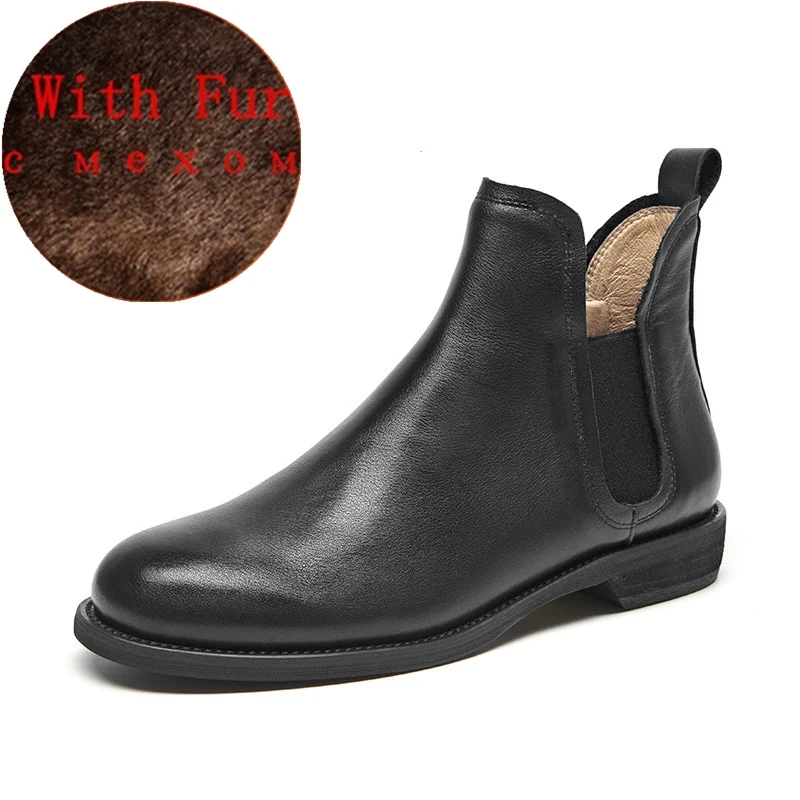 black with fur Женские зимние ботинки; весенние ботильоны из натуральной кожи; женские короткие ботинки; цвет коричневый, черный; ; женские ботинки - Цвет: black with fur