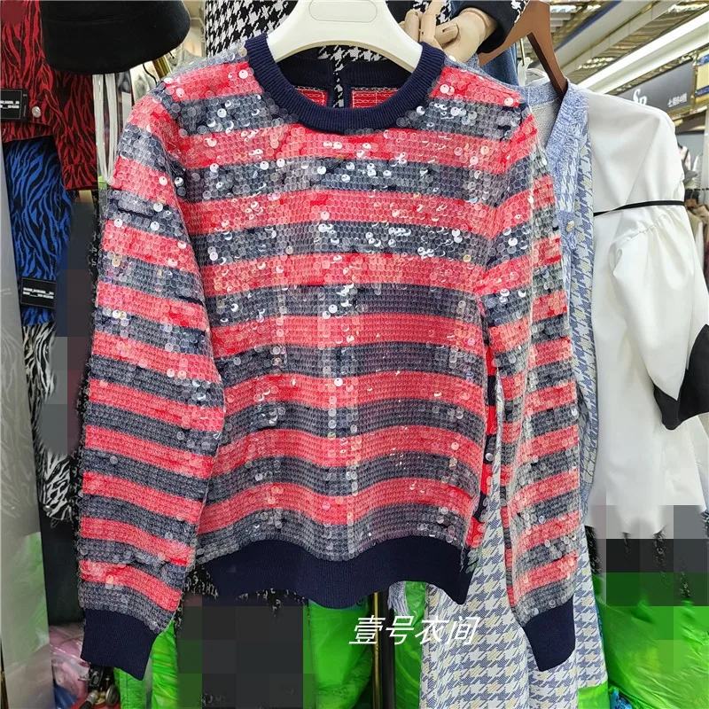 

Round Neck Pullover Sweater Women's Body Sequins Sweater Temperament Lady's Vintage Striped Sweaters 2020 Autumn Female Pullover