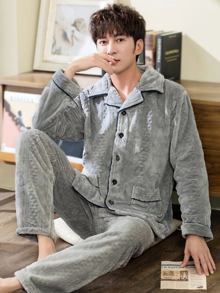 Winter Man's Coral Fleece Pajamas 2 Pieces Lounge Sleepwear for Men Pijama Bedgown 2021 Home Clothes PJ Grey Warm Thicken Pajama