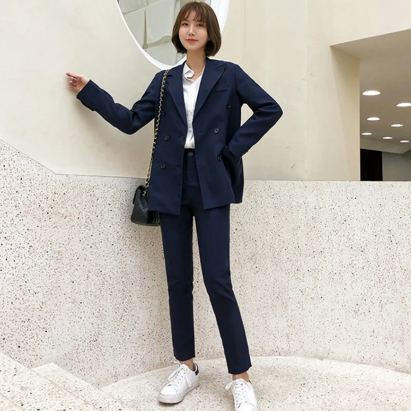 

High quality autumn women's suits large size XL-5XL Temperament Slim Blue Blazer Women Professional office pants suit 2019 new