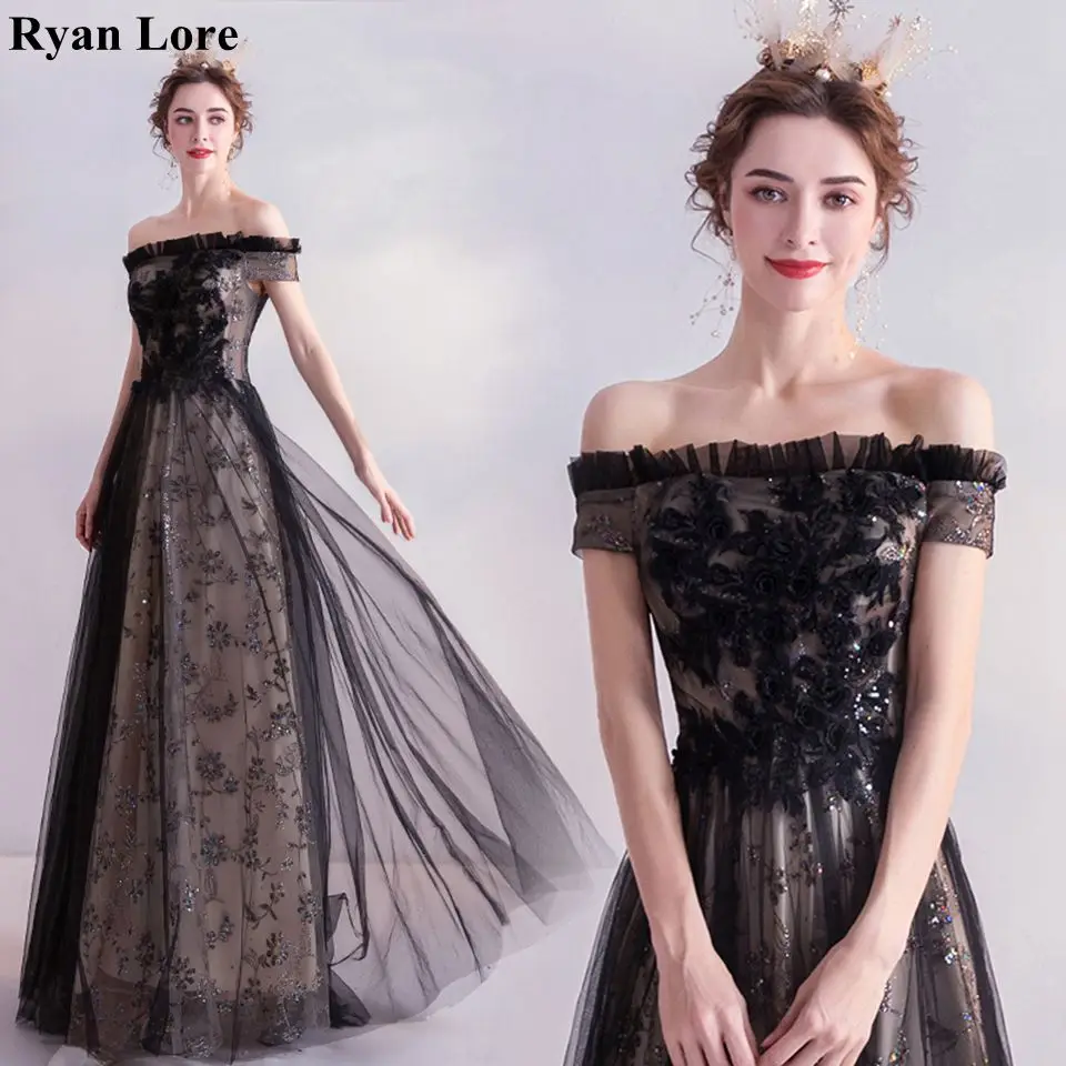 

Women Prom Dresses 2020 Black Elegant Boat Neck Appliques Sequins Vintage Formal Long Evening Gowns Night Party Robe De Soiree