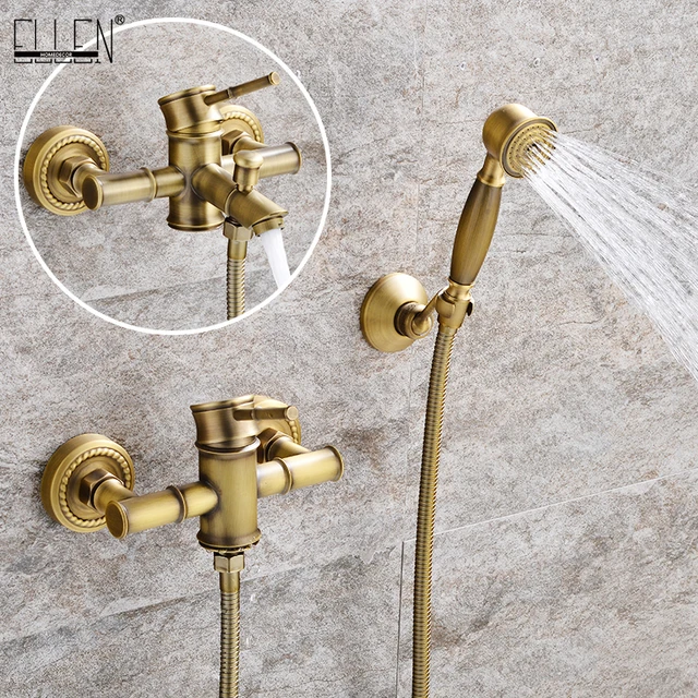 ห้องน้ําไม้ไผ่อาบน้ําก๊อกน้ําชุดอ่างอาบน้ําก๊อกน้ําน้ํา Mixer Crane TAP Antique Bronze สําเร็จรูปด้วย Hand Shower EL740 1