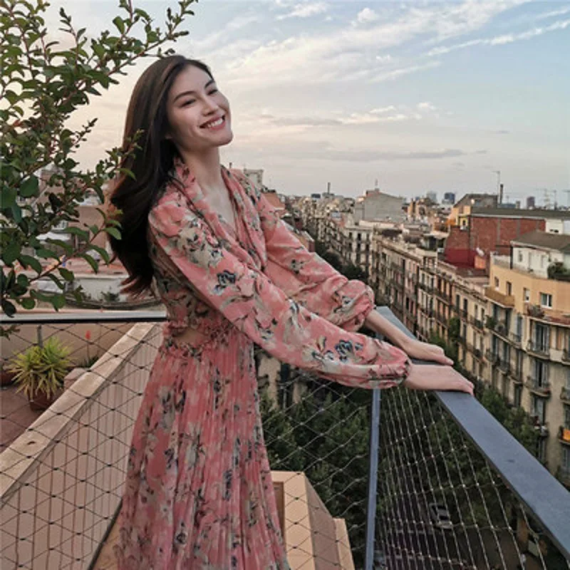 2019 Летние Элегантные брендовые шифоновые женские миди платья с цветочным
