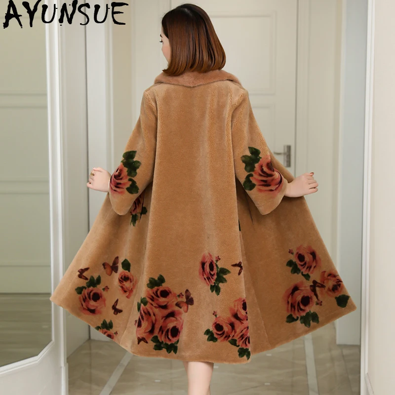 

AYUNSUE Winter Coat Women Sheep Shearling Real Fur Coat Female Mink Fur Collar Wool Coats Print Long Jacket Manteau Femme MY4261