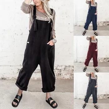 

Vintage Suspender Rompers Womens Jumpsuit Fashion O-neck Camisole Rompers Playsuit Solid Pockets Overalls Long Playsuits