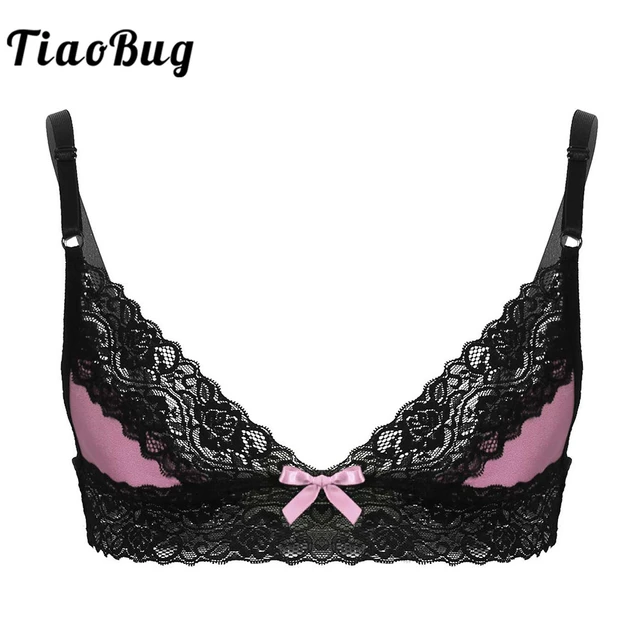 Mens Sexy Sissy Lace Crossdressing Lingerie Set Bra with Sheer