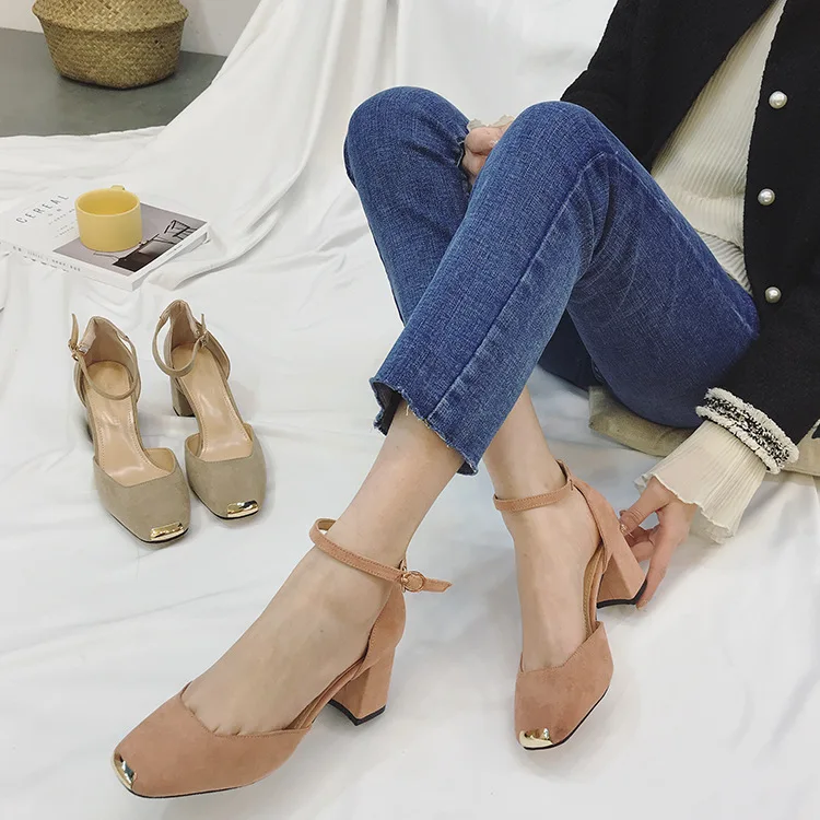 

2018 Spring Summer Korean-style High-Heel Chunky-Heel round Shallow Mouth Fashion High Heel Shoes Sweet Single Shoes Casual Stra