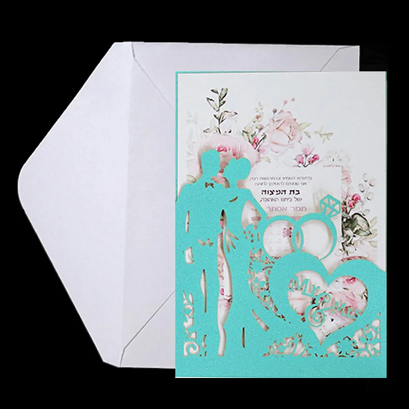 10pcs Bride And Groom Laser Cut Wedding Invitations Card Lace Pocket Customize Invites Cards Printing With Ribbon Shower Favor