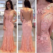 Розовые мусульманские Вечерние платья Глубокий v-образный вырез Русалка жемчуг бисер спинки vestidos de festa Дубай Саудовская арабское вечернее платье для выпускного вечера