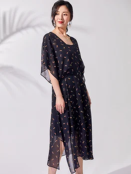 

BG 2019 New Summe Fashion Floral Print Chiffon Dress V-Neck Short Flare Sleeves Women Office Lady Slim Elegant black J90421224