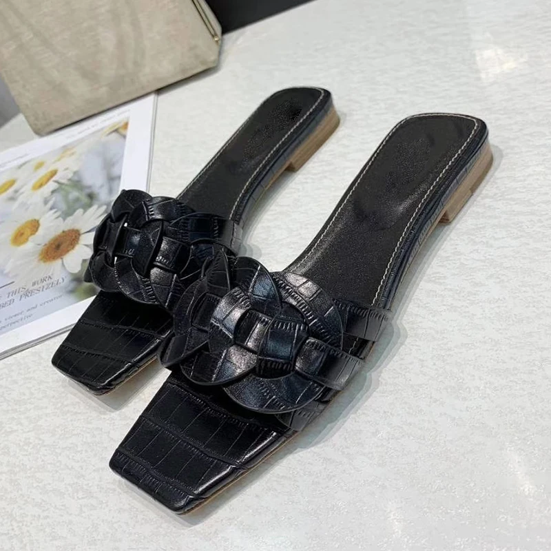 black grain New Braided Real Leather Beach Slippers for Woman Peep Toe Weaving Crystal Flat Slippers Candy Color Summer Sandals Women - Color: black grain