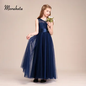 

Navy Blue One-Shoulder Junior Bridesmaid Dresses A-line Floor-length Lace Tulle Princess Flower Girl Dresses For Wedding