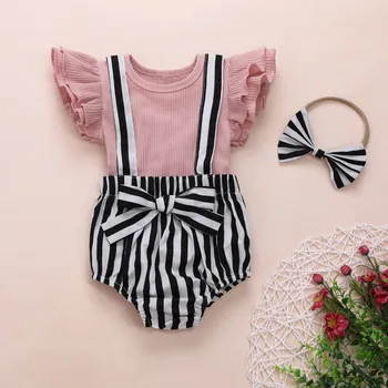

Newborn Baby Girls Three-piece Outfit Set 6M-3Y Solid Color Flare Sleeve Dress T-shirt Top Striped Suspender Shorts Headband Kit