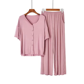 

Comfortable Modal Pajama Set Women Solid Cotton V-neck Short-sleeve Cardigan+Trousers Sleepwear New Spring Summer Fall Pajamas