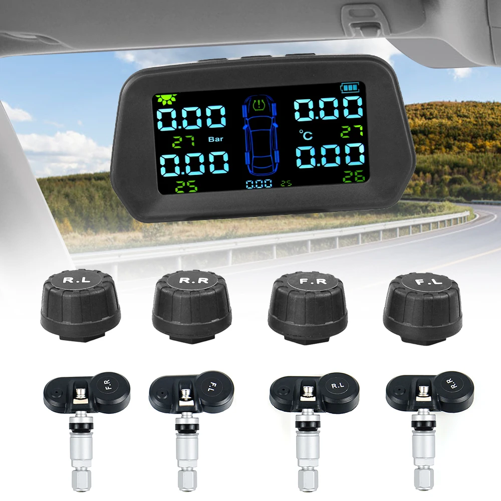 HOT Car TPMS Tire Pressure Sensors Solar Tire Pressure Monitoring System TMPS Temperature Alarm Tyre 4 External/Internal Sensor