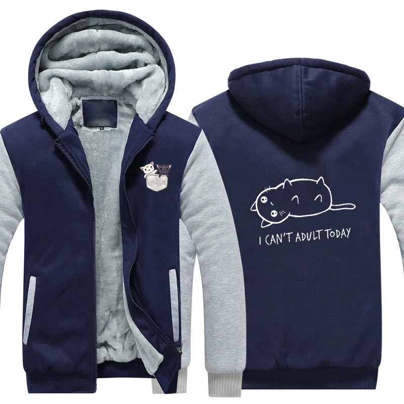 Nave BLue Толстая Толстовка с надписью «I can't advlt today» с забавным принтом «Love cats»; зимние плотные толстовки на молнии с капюшоном - Цвет: Nave BLue